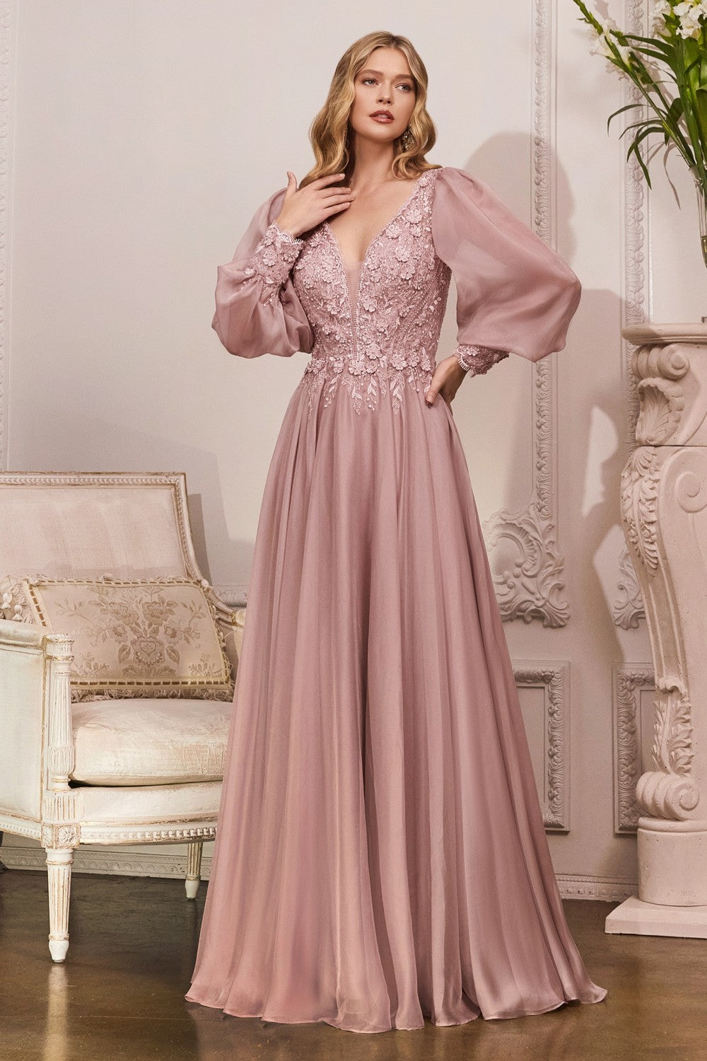 Long Sleeve Chiffon Gown By Cinderella Divine -CD0183