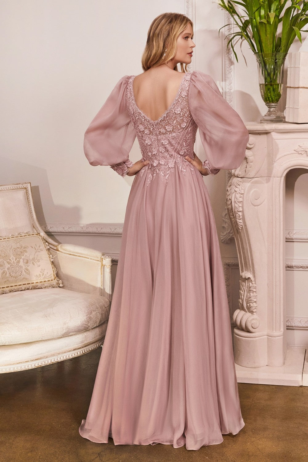 Long Sleeve Chiffon Gown By Cinderella Divine -CD0183
