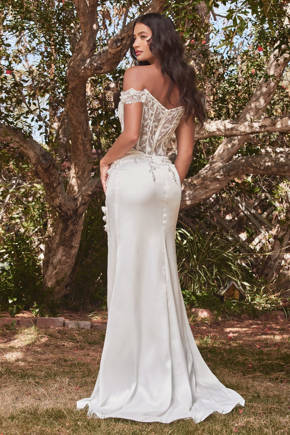 Off The Shoulder Lace Bodice Fitted Gown By Cinderella Divine -CD0186W