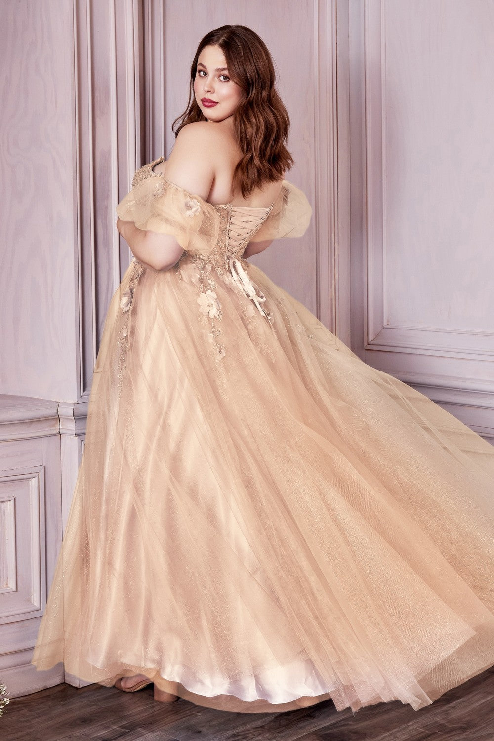 Strapless A-Line Gown And Puff Sleeves By Cinderella Divine -CD0191C