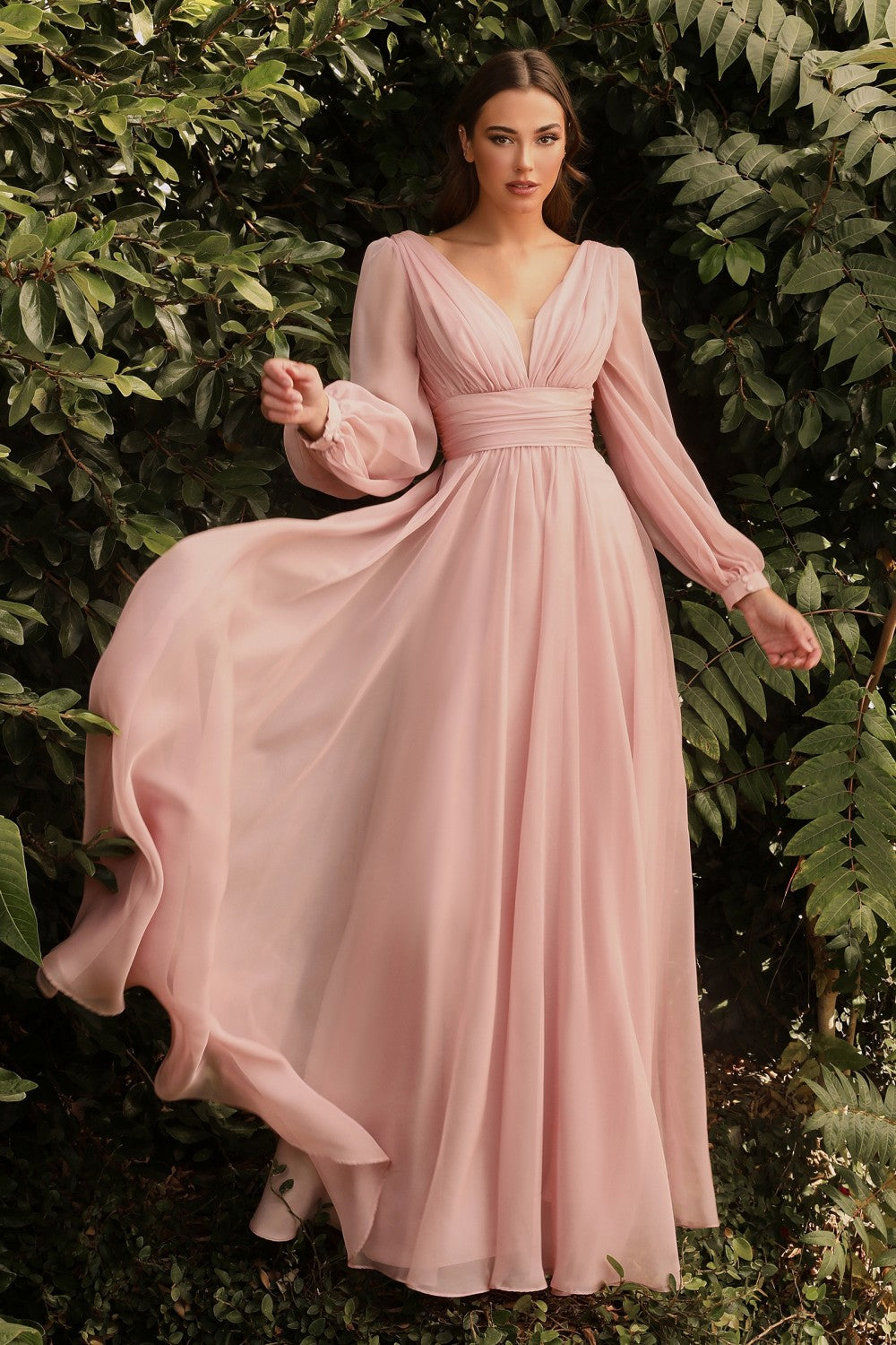 Long Sleeve Chiffon Gown By Cinderella Divine -CD0192