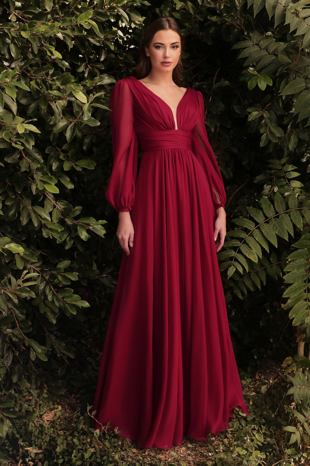 Long Sleeve Chiffon Gown By Cinderella Divine -CD0192