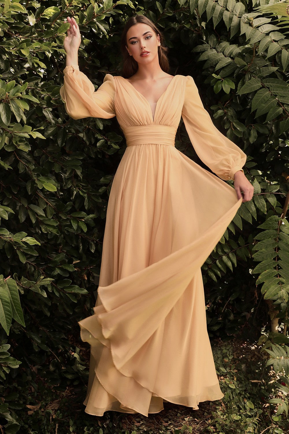 Long Sleeve Chiffon Gown By Cinderella Divine -CD0192
