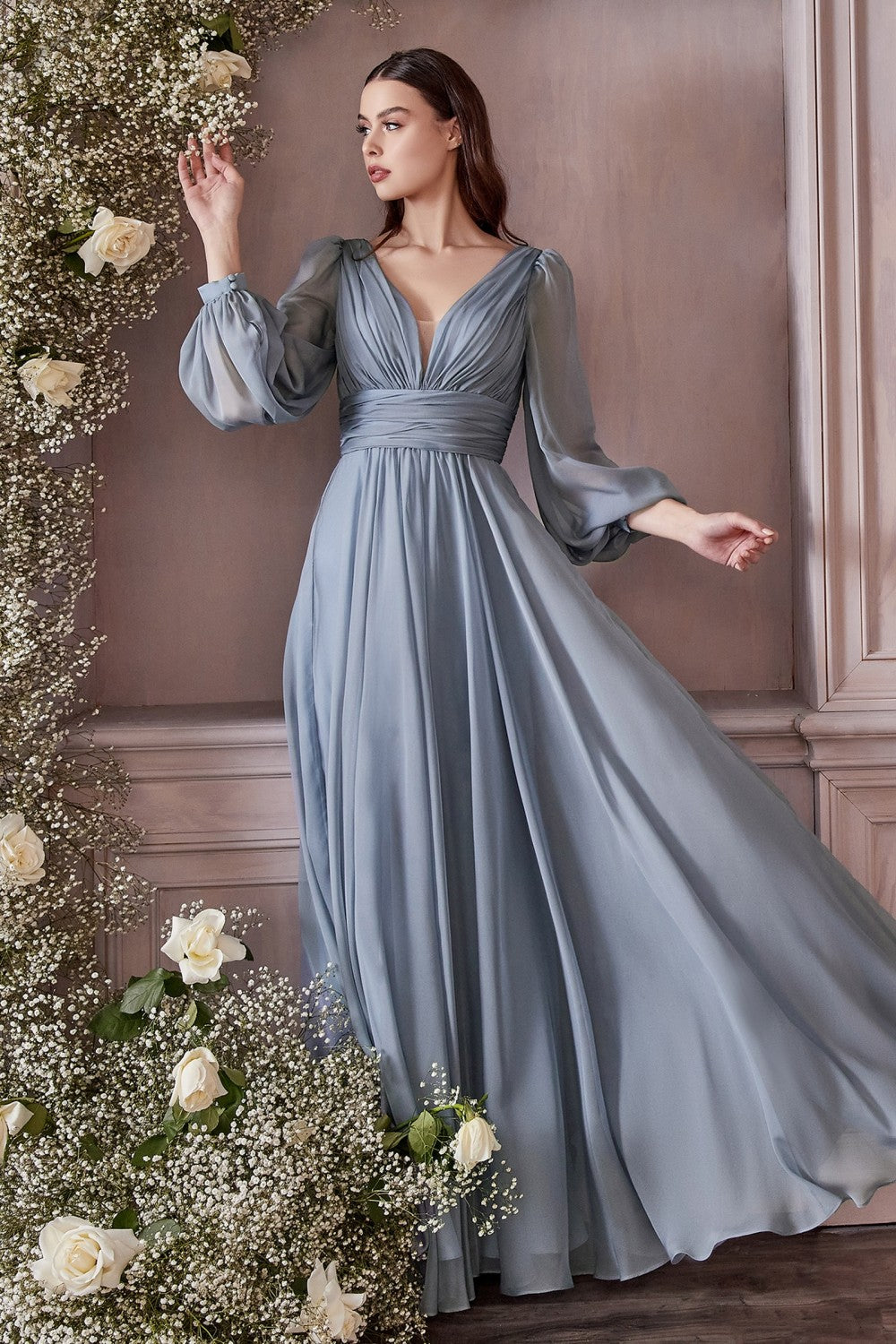 chiffon material dress Zoe friendly for a cute maternity style Long Sleeve Chiffon Gown -01