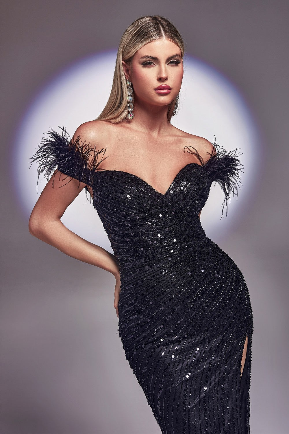 Sequin & Feather Off The Shoulder Gown By Cinderella Divine -CD0207