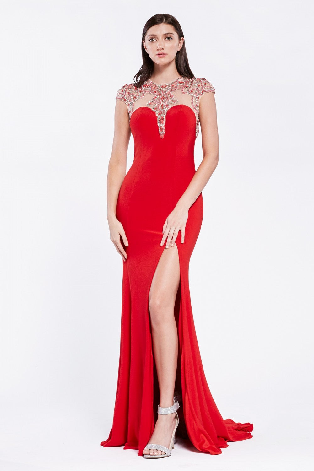 Illusion Beaded High Neck High Slit Dress By Cinderella Divine by Cinderella Divine -C225