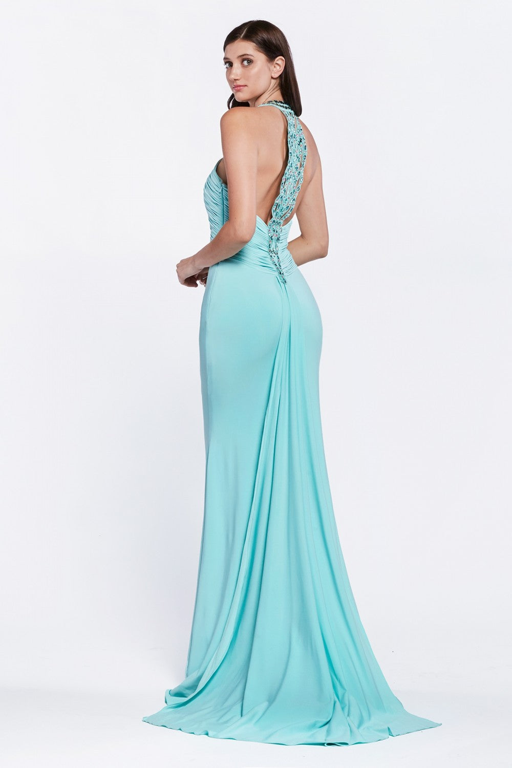 Beaded Halter Trumpet Dress by Cinderella Divine -J727