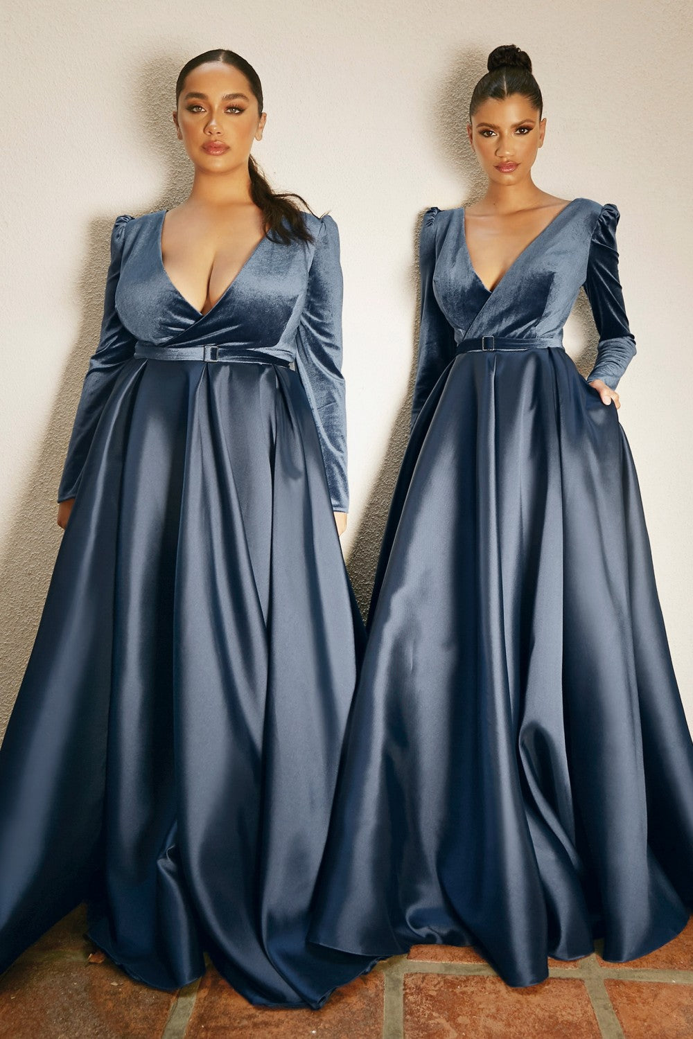 Long Sleeve Velvet And Mikado Ball Gown By Cinderella Divine -CD226