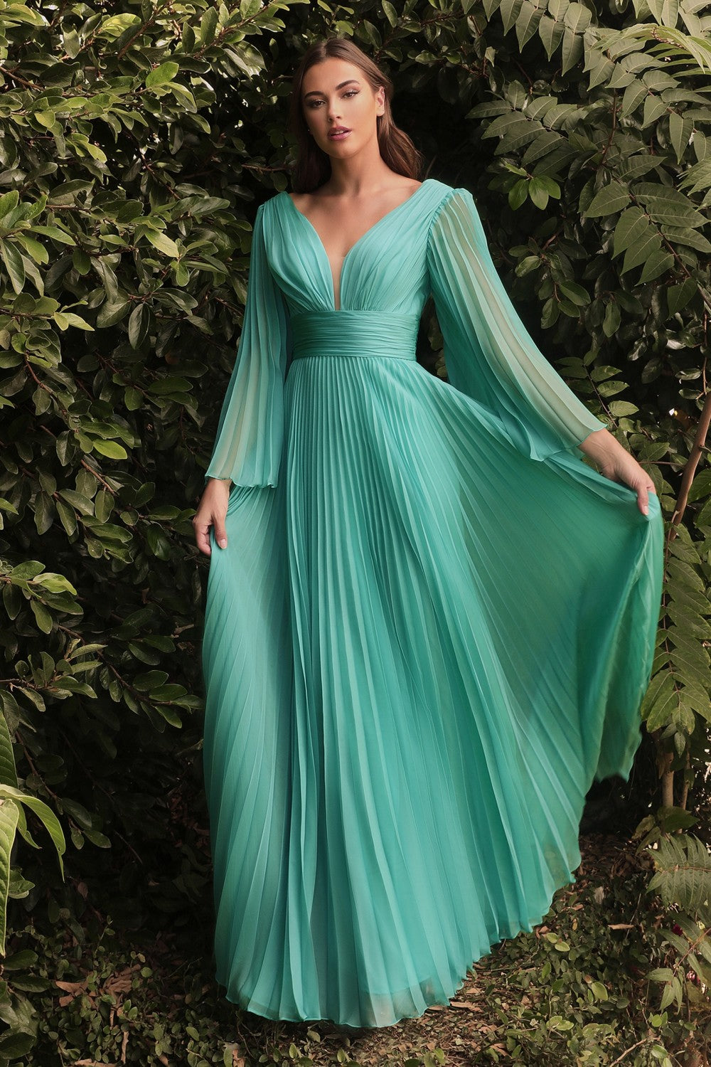 Clearance Sale Pleated Chiffon Long Sleeve Gown By Cinderella Divine -CD242CL