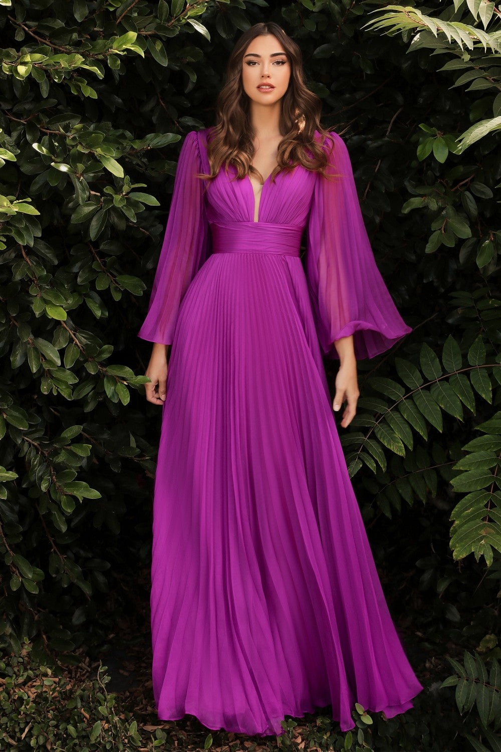Clearance Sale Pleated Chiffon Long Sleeve Gown By Cinderella Divine -CD242CL