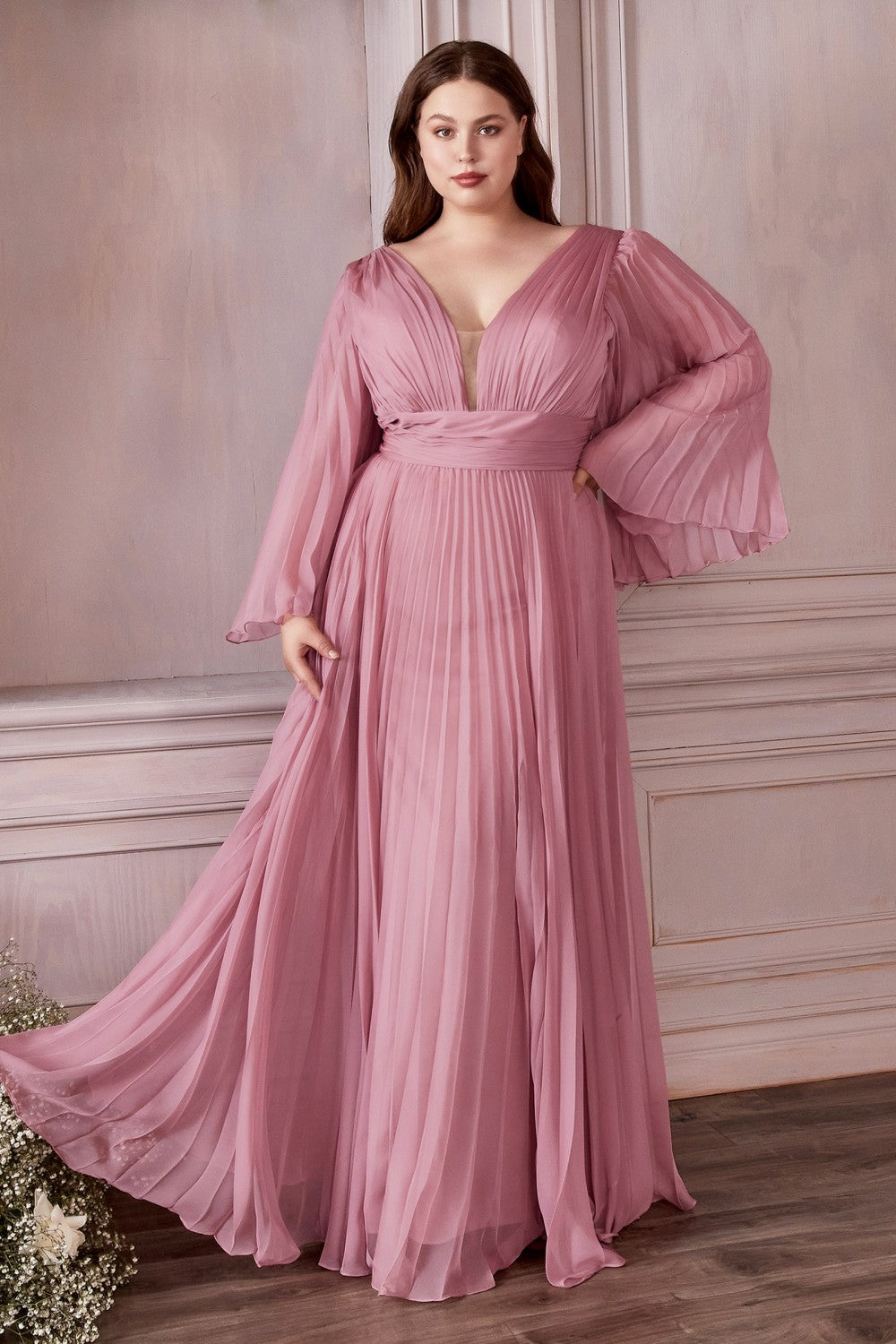 Plus Size Pleated Bell Sleeve Gown By Cinderella Divine -CD242C