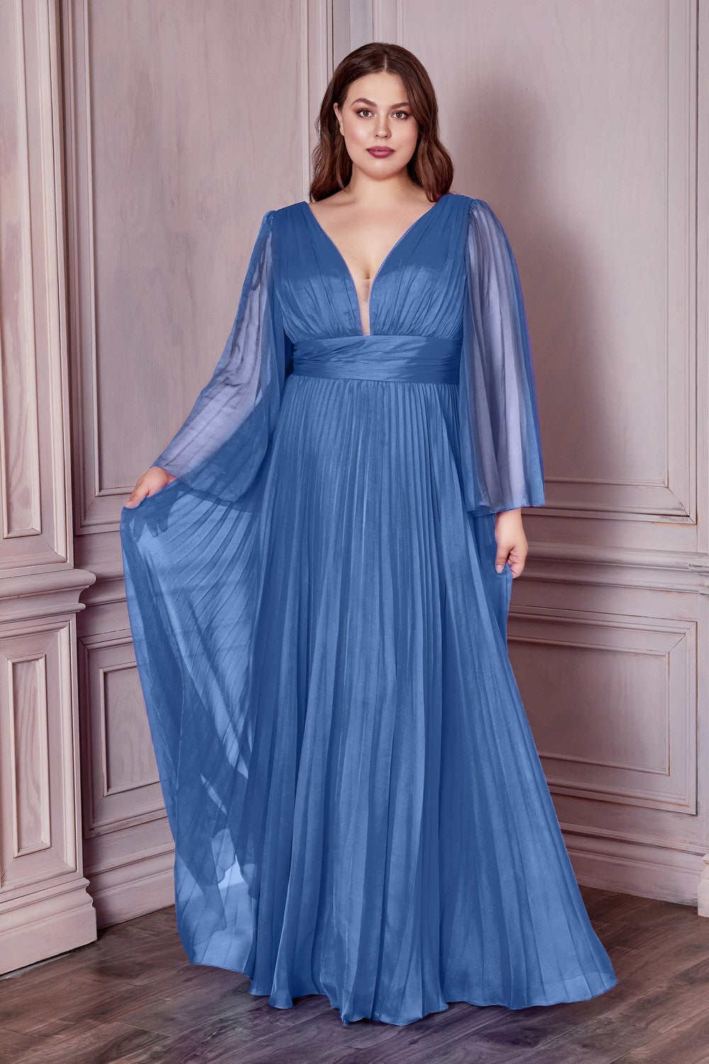 Plus Size Pleated Bell Sleeve Gown By Cinderella Divine -CD242C