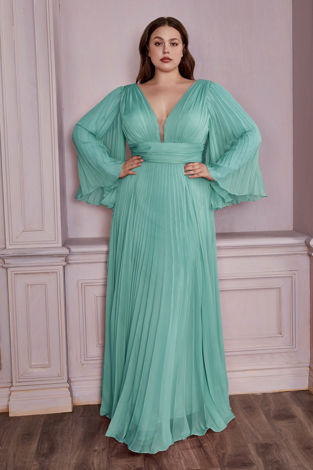 Plus Size Pleated Bell Sleeve Gown By Cinderella Divine -CD242C