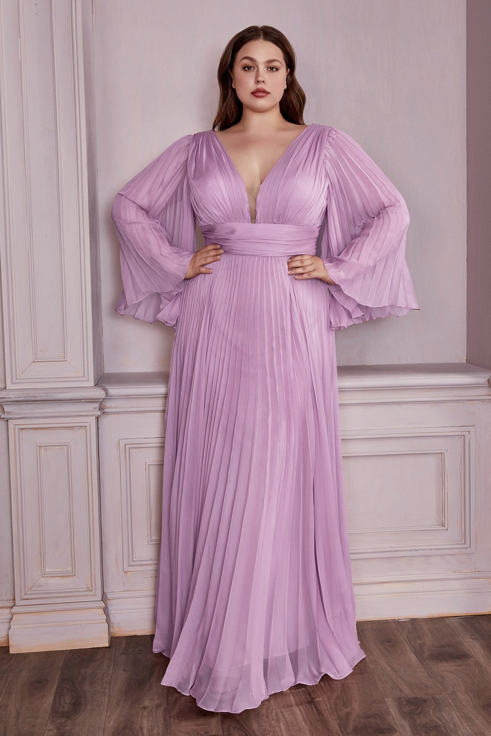 Plus Size Pleated Bell Sleeve Gown By Cinderella Divine -CD242C