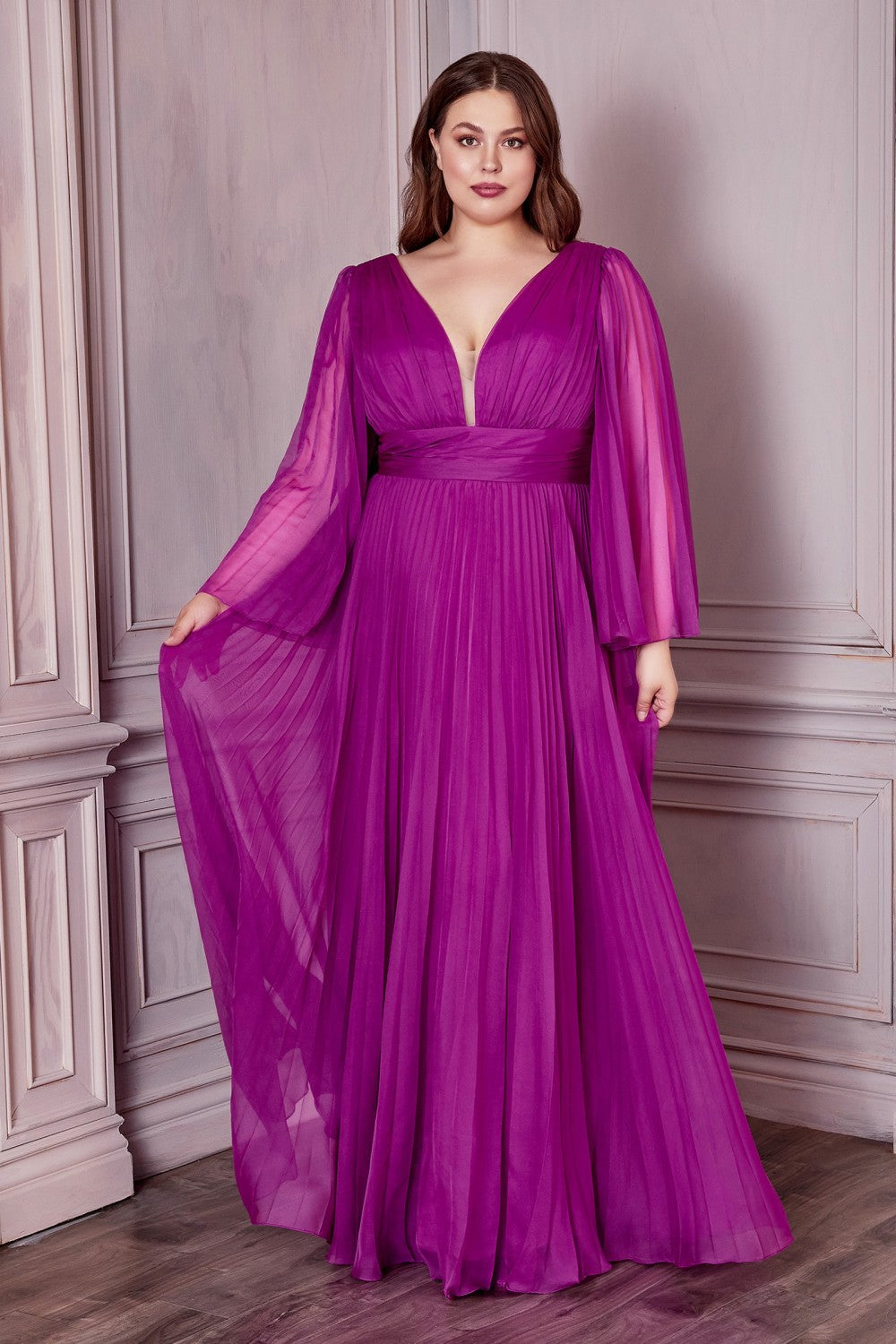 Plus Size Pleated Bell Sleeve Gown By Cinderella Divine -CD242C