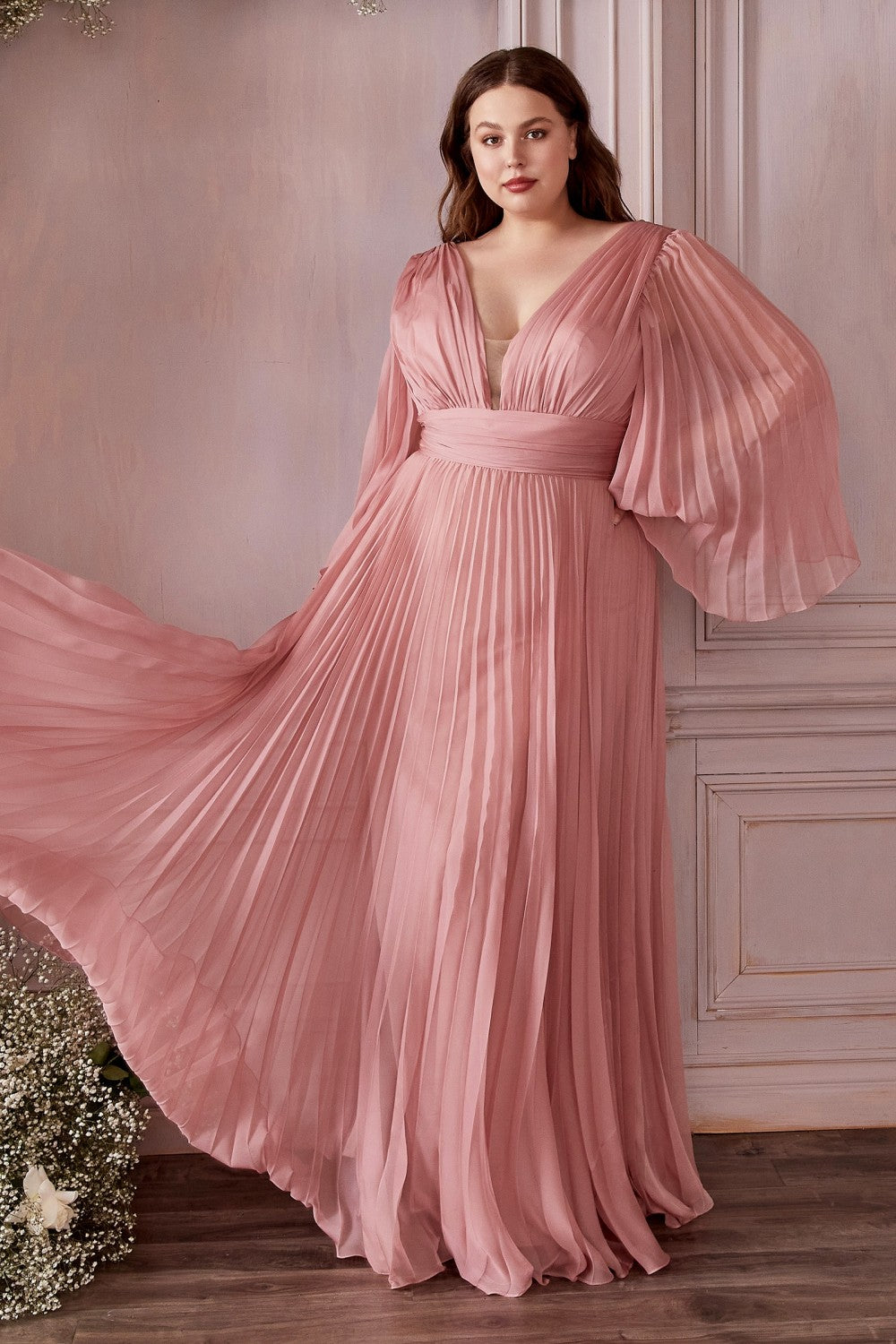 Plus Size Pleated Bell Sleeve Gown By Cinderella Divine -CD242C