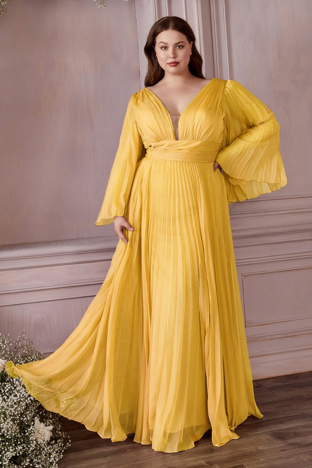 Plus Size Pleated Bell Sleeve Gown By Cinderella Divine -CD242C