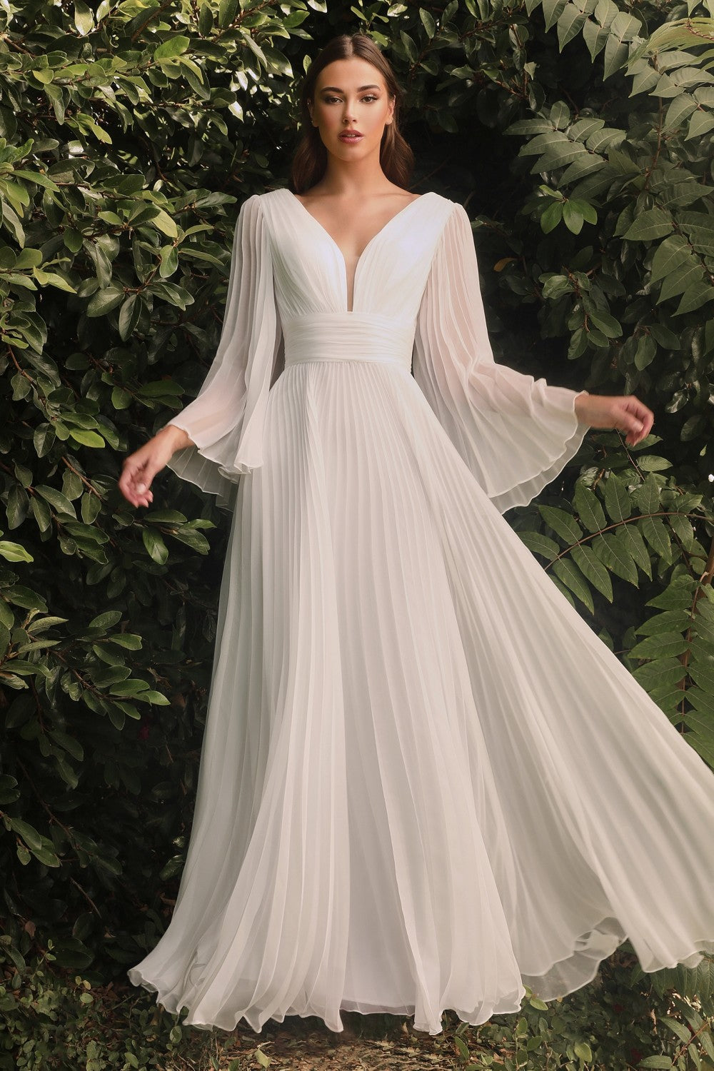white pleated long sleeve dress White Pleated Bell Sleeve Gown By Cinderella Divine