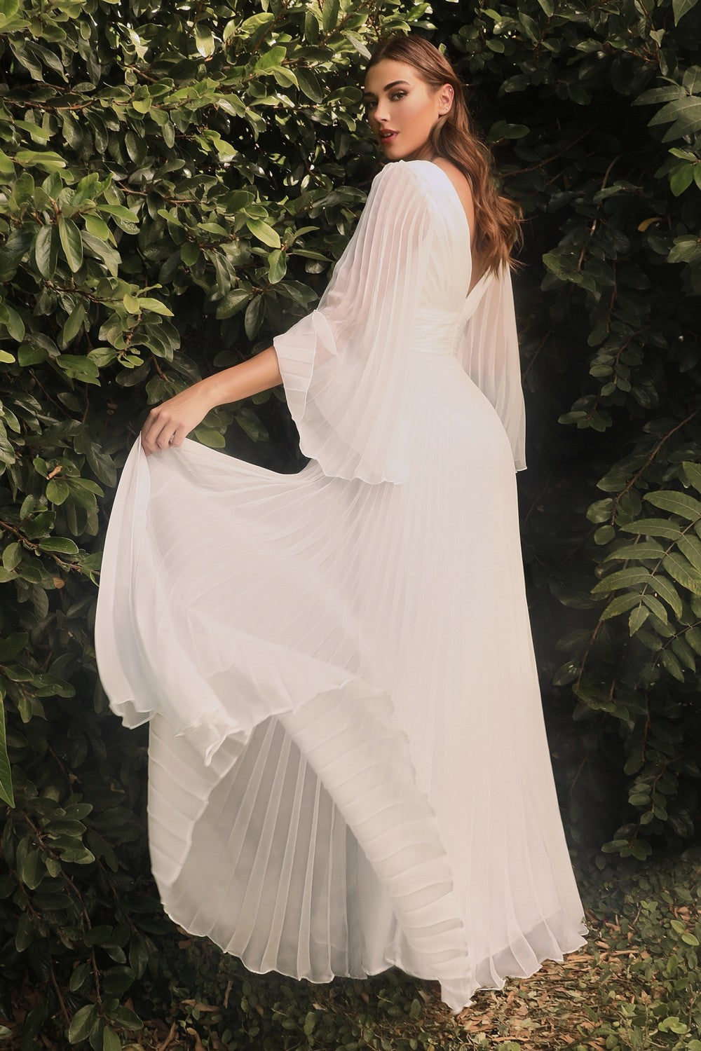 White Pleated Bell Sleeve Gown By Cinderella Divine -CD242W