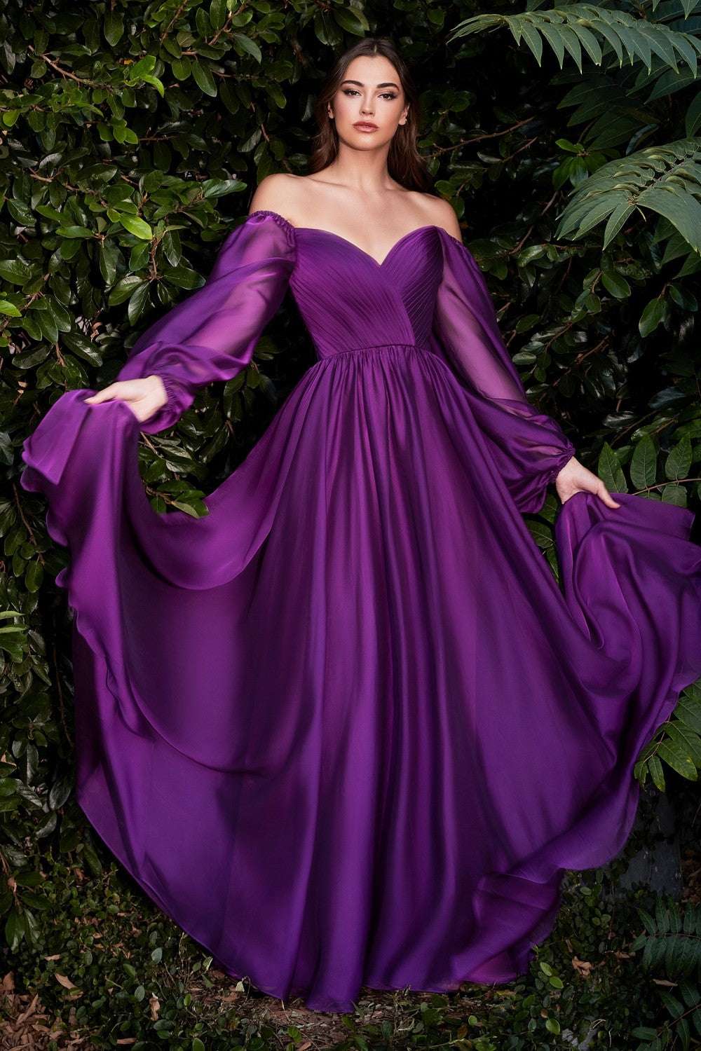 Long Sleeve Chiffon Gown By Cinderella Divine -CD243