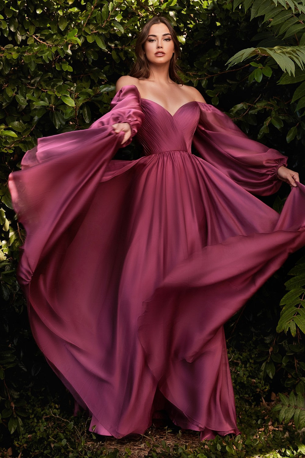 Long Sleeve Chiffon Gown By Cinderella Divine -CD243