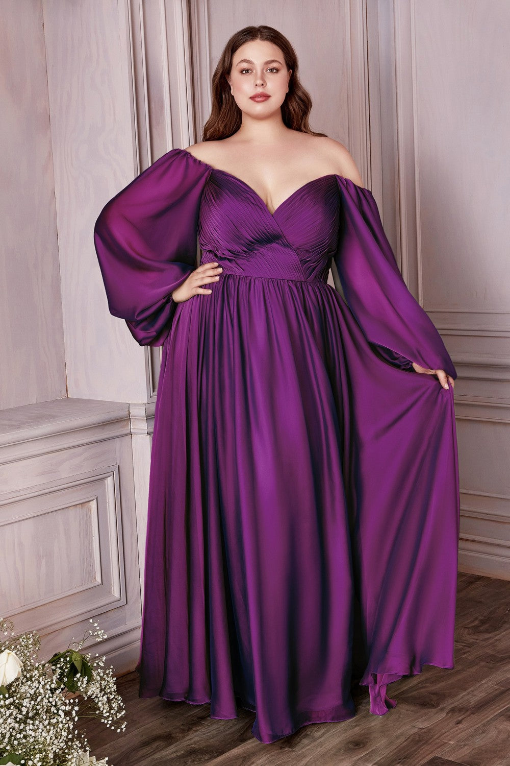 Curve Long Sleeve Chiffon Gown By Cinderella Divine -CD243C