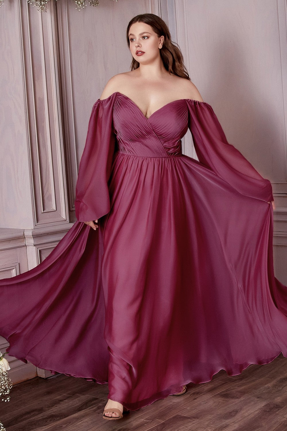 Curve Long Sleeve Chiffon Gown By Cinderella Divine -CD243C