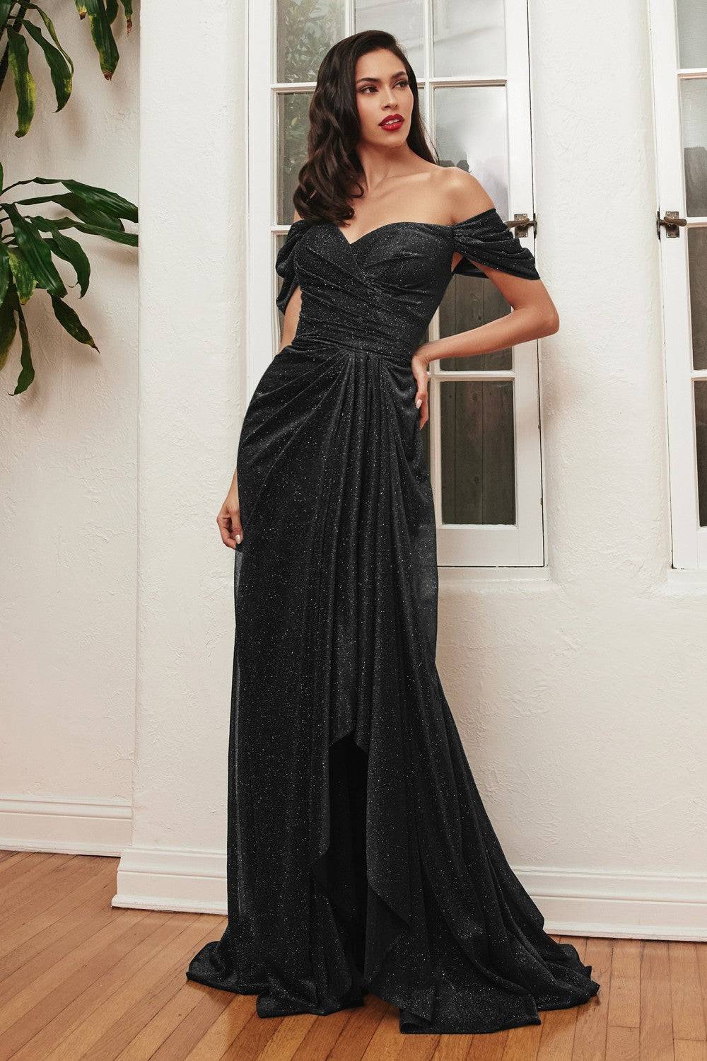 Off The Shoulder Glitter Gown By Cinderella Divine -CD878