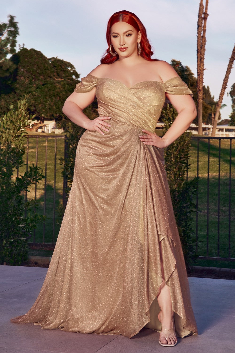 Off The Shoulder Glitter Gown By Cinderella Divine -CD878