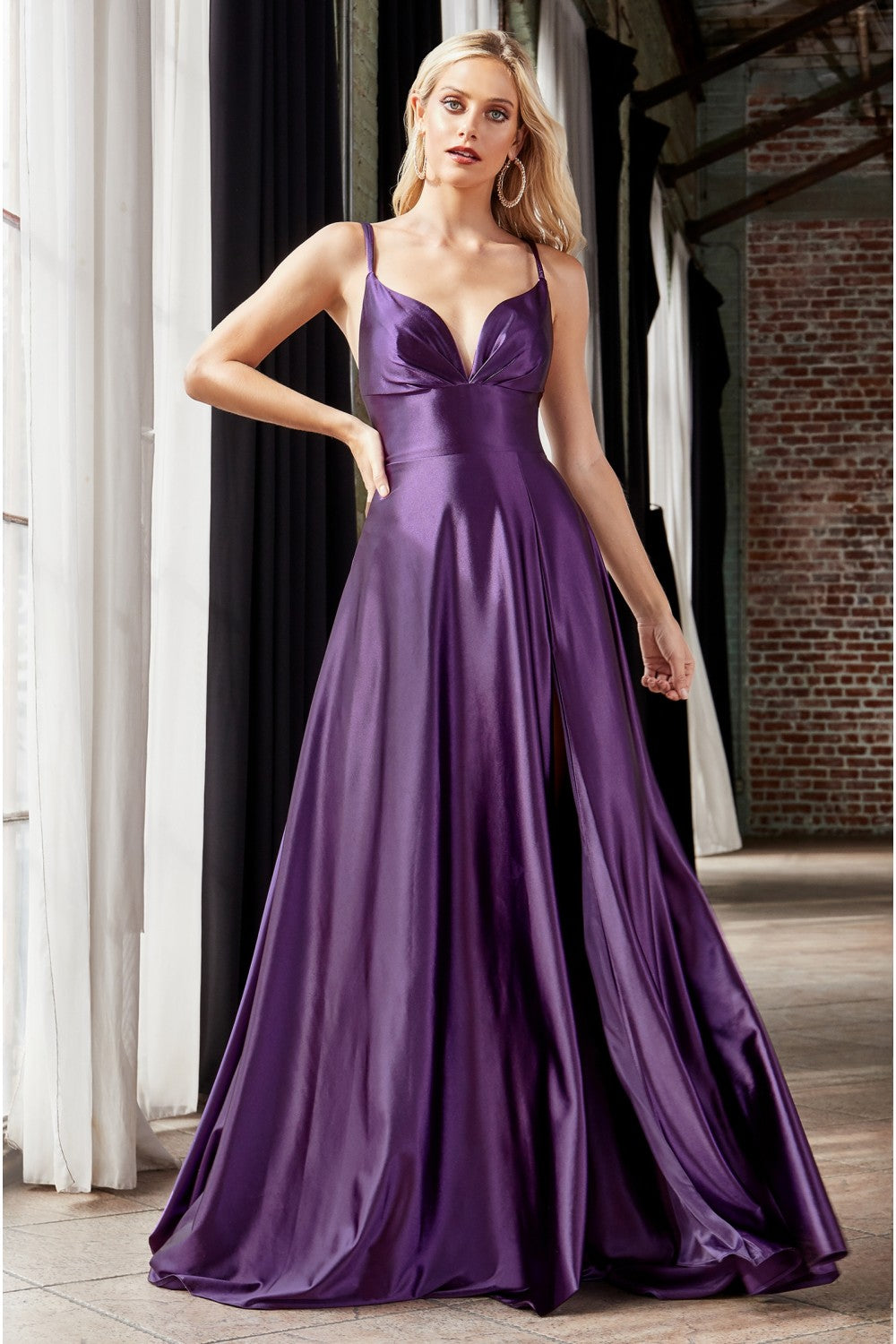 MyFashion.com - Satin a-line dress with pleated bodice and leg slit.(CD903) - Cinderella Divine promdress eveningdress fashion partydress weddingdress 
 gown homecoming promgown weddinggown