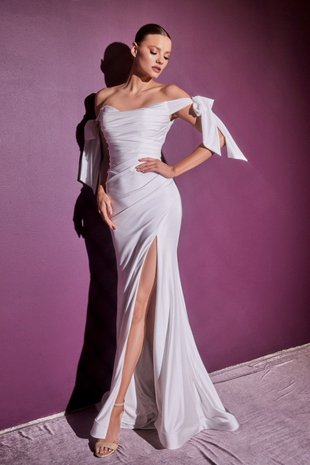 White Off Shoulder Gown By Cinderella Divine -CD944W