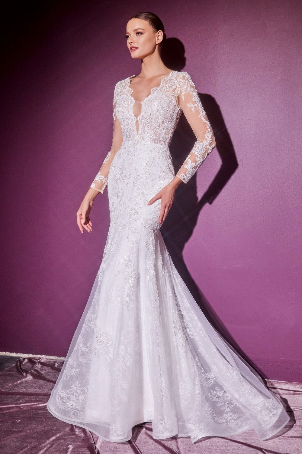 Long Sleeve Lace Bridal Gown By Cinderella Divine -CD951W