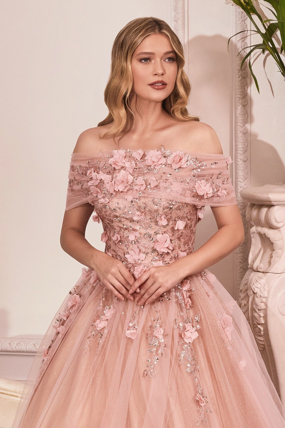 Strapless Glitter Layered Tulle Ball Gown By Cinderella Divine -CD955
