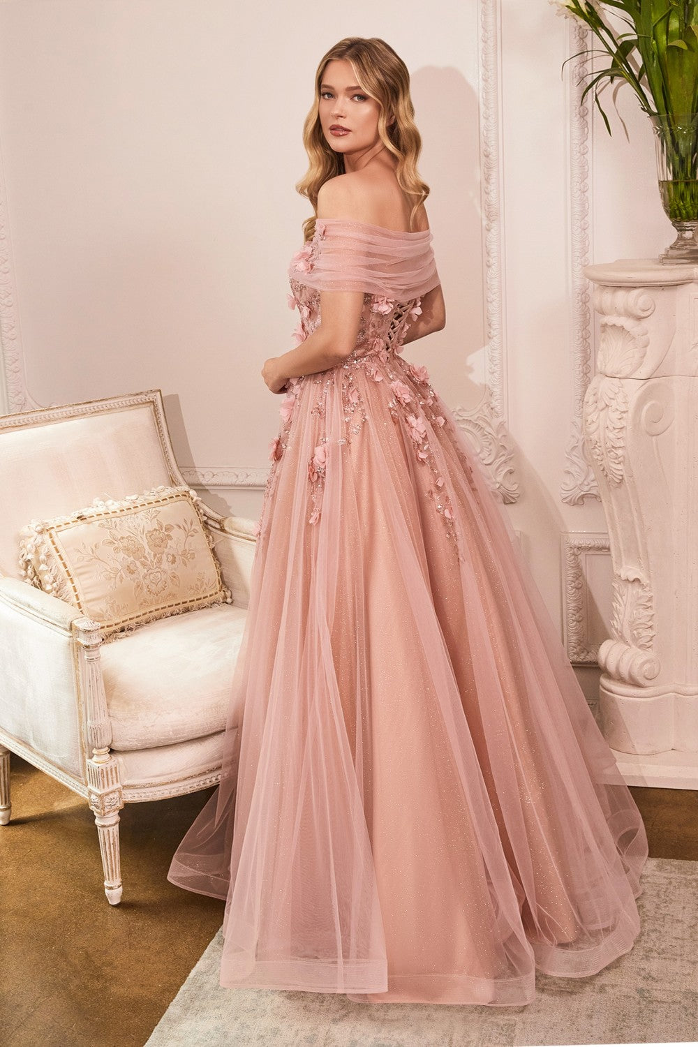 Strapless Glitter Layered Tulle Ball Gown By Cinderella Divine -CD955