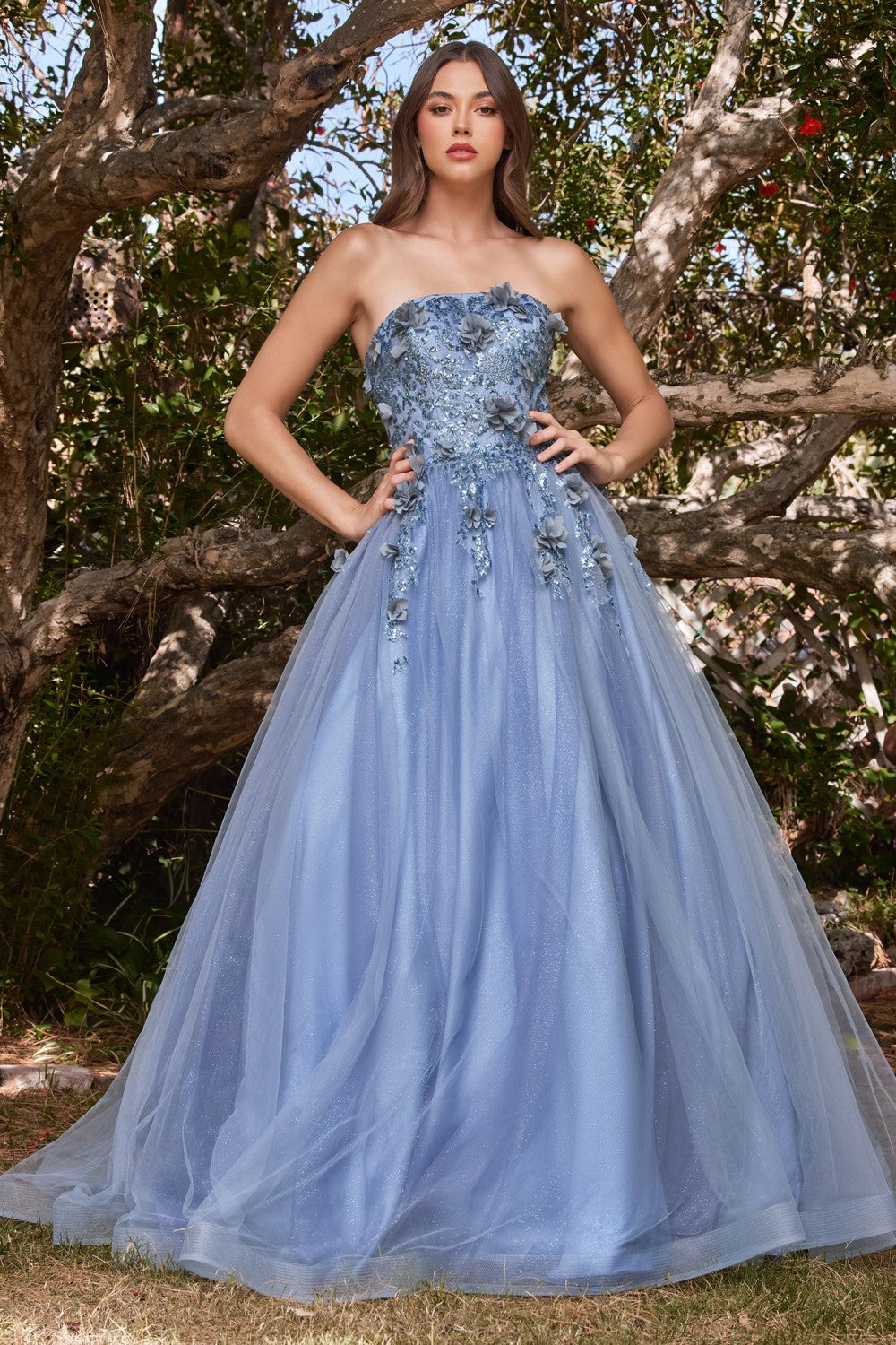 Strapless Glitter Layered Tulle Ball Gown By Cinderella Divine -CD955