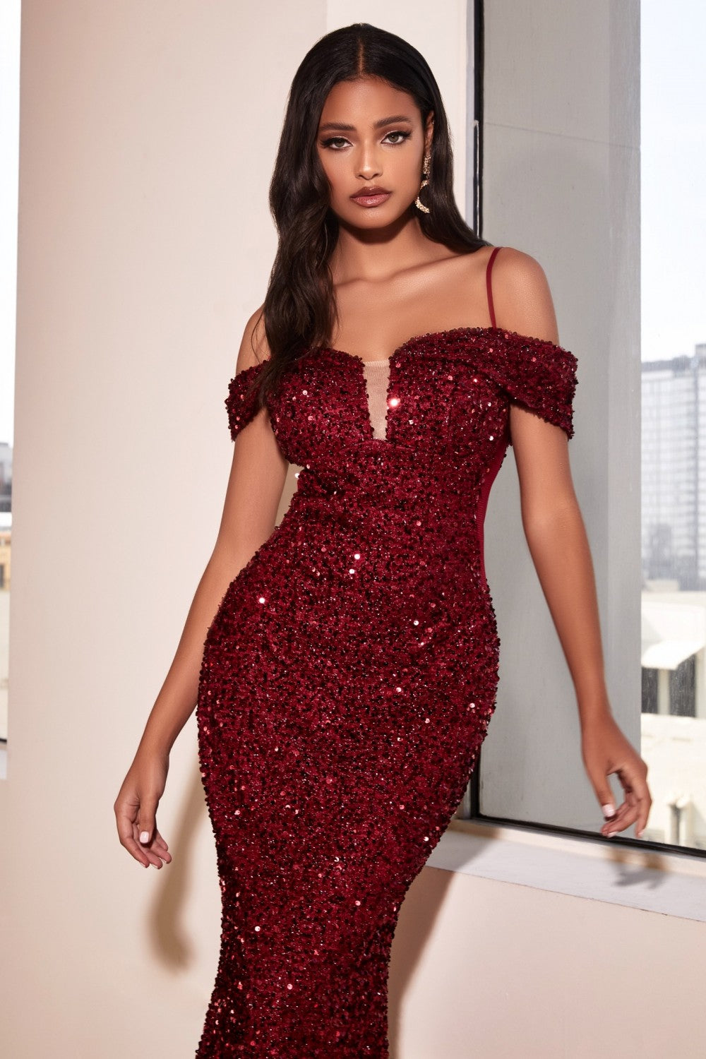 Long Off Shoulder Sequin Dress By Cinderella Divine -CD975