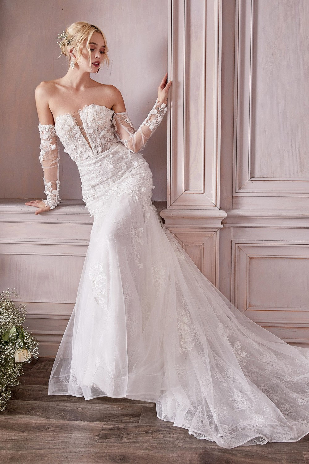 Long Sleeve Lace Bridal Gown By Cinderella Divine -CD977W