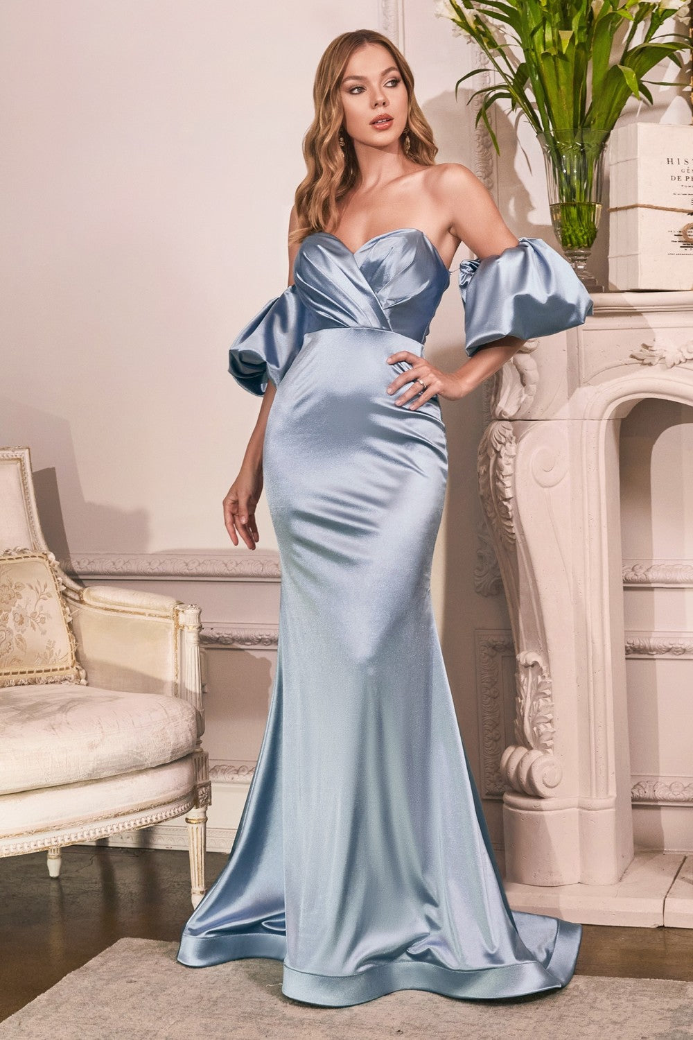 Curve Puff Sleeve Satin Gown By Cinderella Divine -CD983C