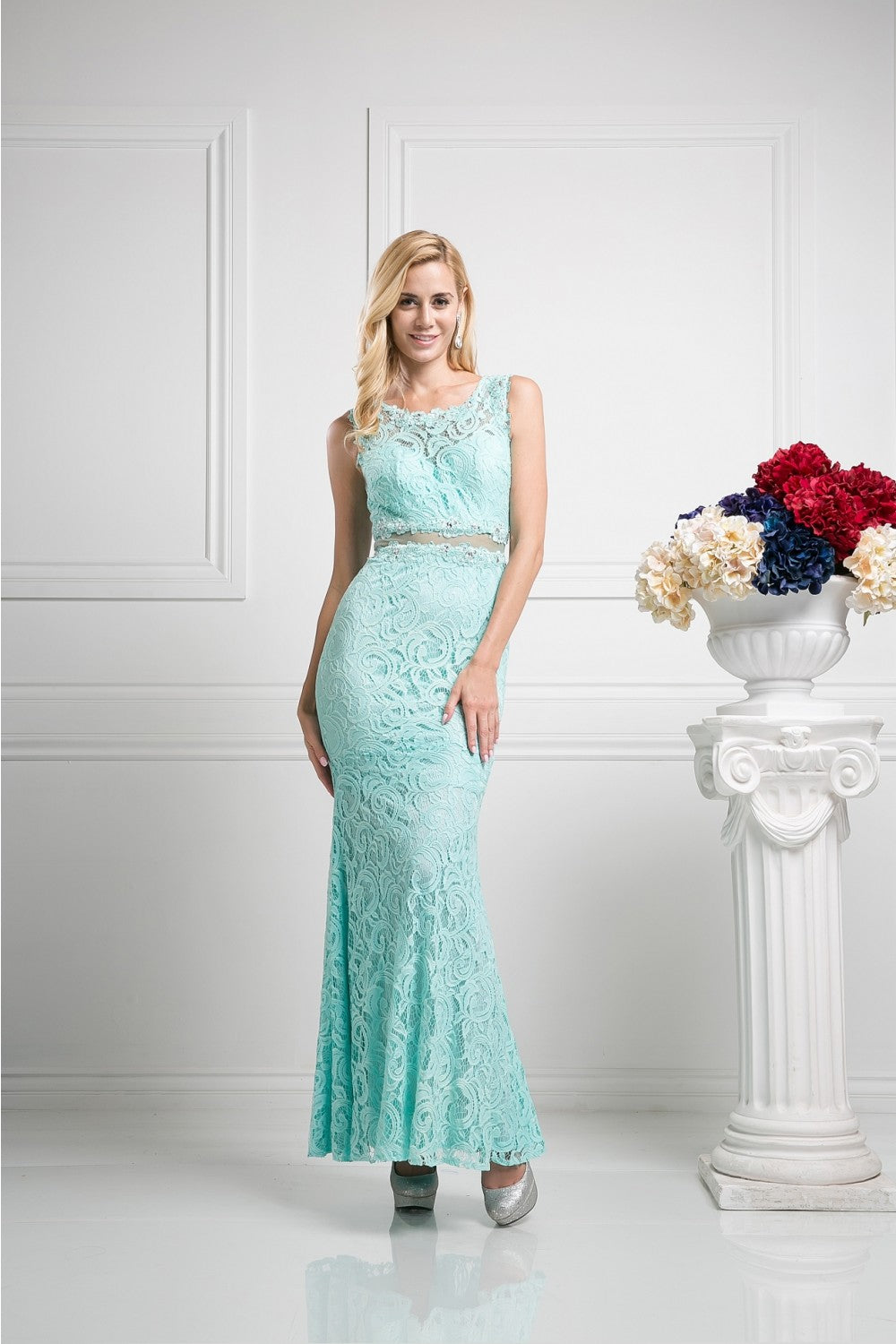 Beaded Lace Sheath Dress by Cinderella Divine -CF067L