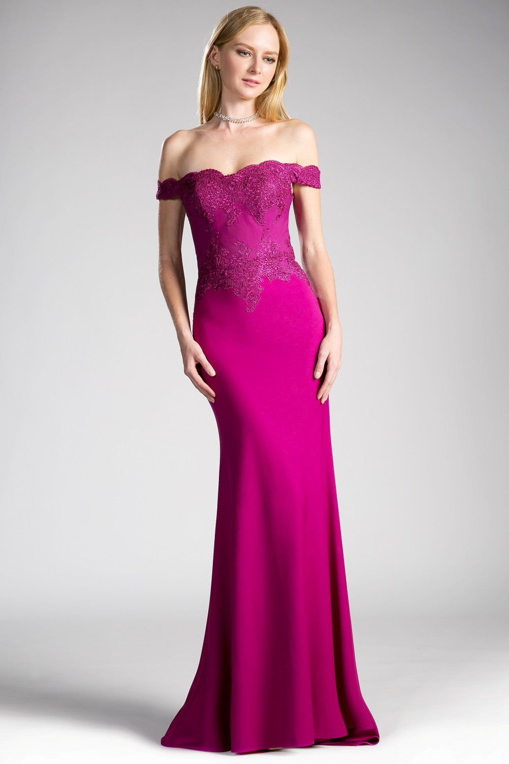 MyFashion.com - Off the shoulder fitted gown with lace applique details and stretch jersey.(CF158) - Cinderella Divine promdress eveningdress fashion partydress weddingdress 
 gown homecoming promgown weddinggown 