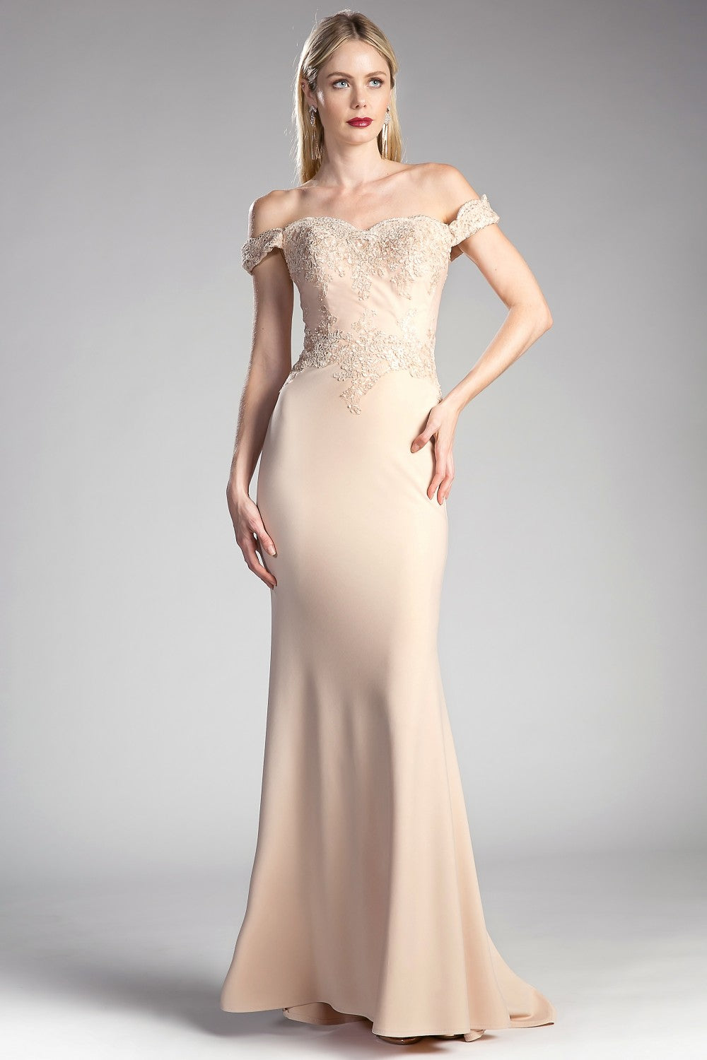 MyFashion.com - Off the shoulder fitted gown with lace applique details and stretch jersey.(CF158) - Cinderella Divine promdress eveningdress fashion partydress weddingdress
gown homecoming promgown weddinggown