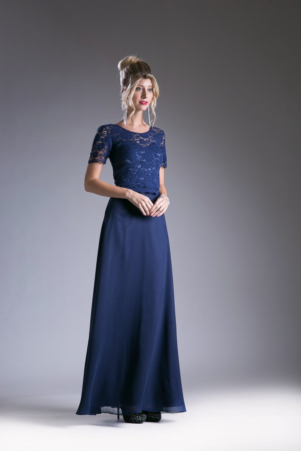 Short Sleeve Lace Bodice Mock Two-Piece Dress By Cinderella Divine -CF160