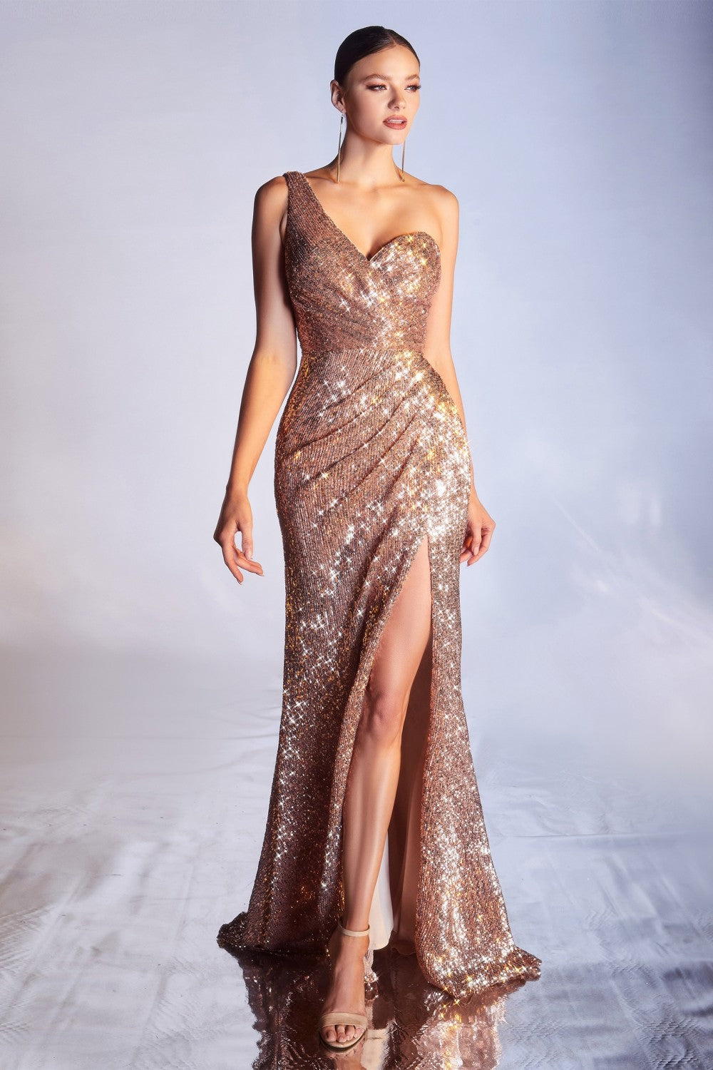 One Shoulder Sequin Gown By Cinderella Divine -CH182