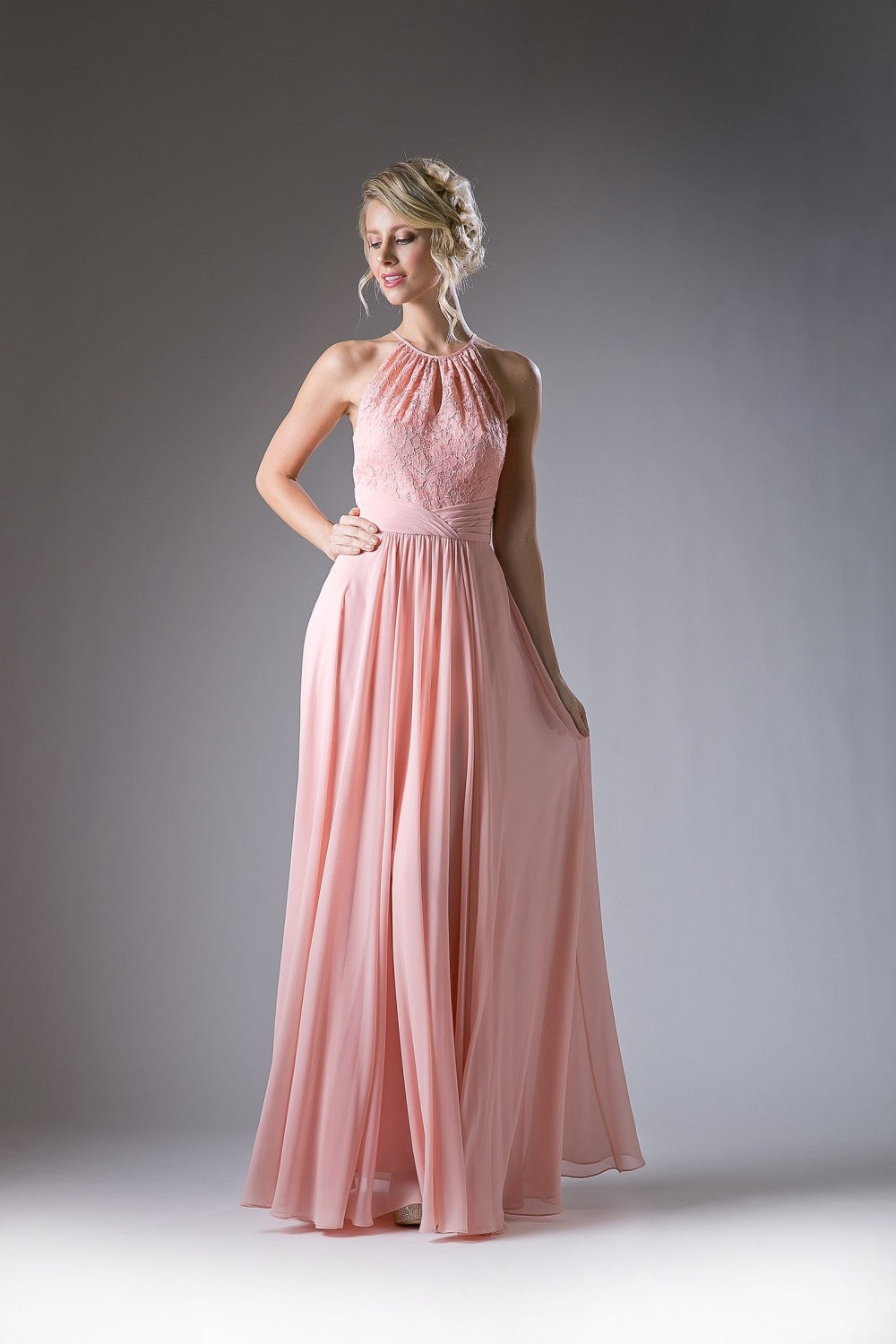 A-Line Chiffon Dress With Lace Keyhole Halter And Pleated Waistline By Cinderella Divine -CJ228