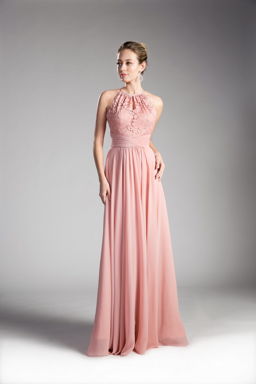 A-Line Chiffon Dress With Lace Keyhole Halter And Pleated Waistline By Cinderella Divine -CJ228