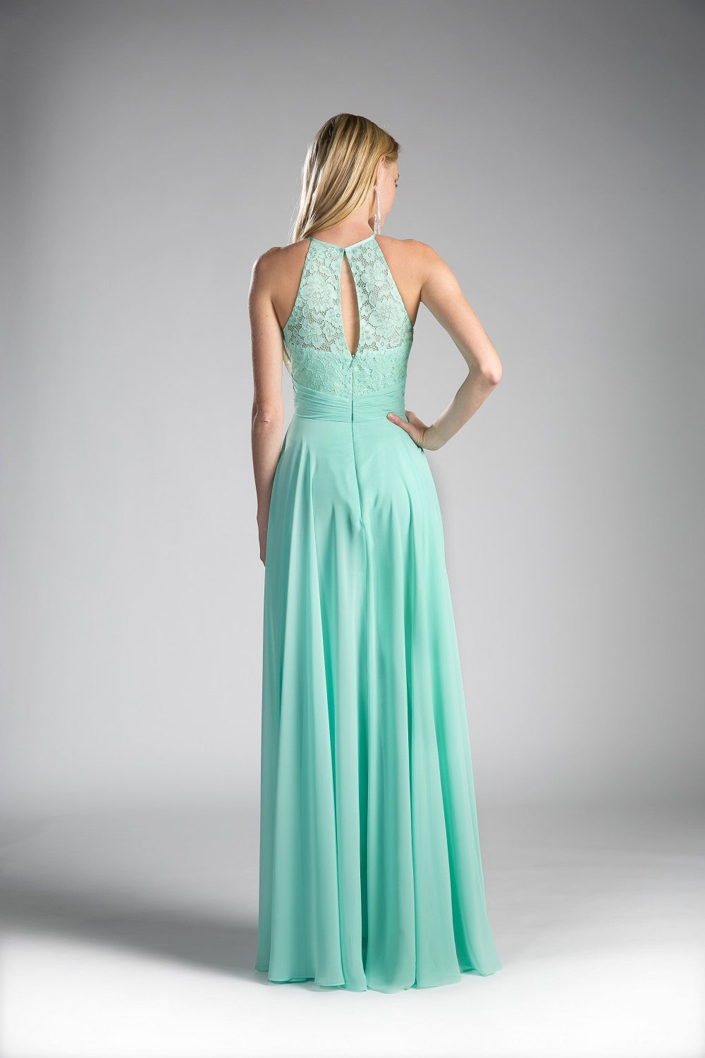 A-Line Chiffon Dress With Lace Keyhole Halter And Pleated Waistline By Cinderella Divine -CJ228