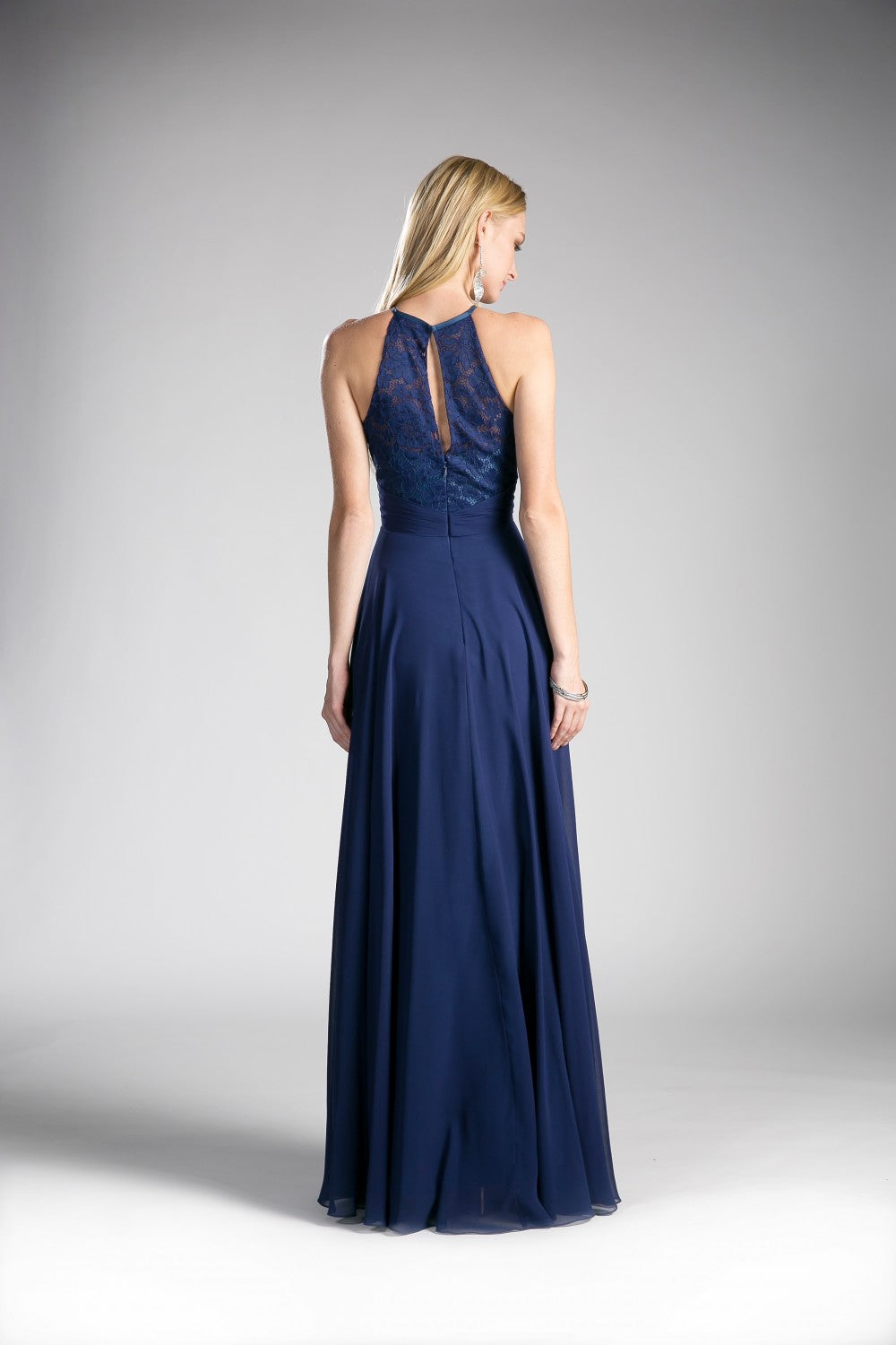 A-Line Chiffon Dress With Lace Keyhole Halter And Pleated Waistline By Cinderella Divine -CJ228