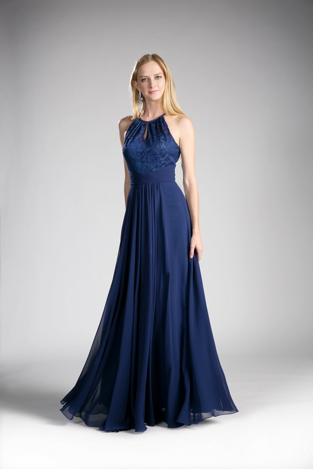 A-Line Chiffon Dress With Lace Keyhole Halter And Pleated Waistline By Cinderella Divine -CJ228