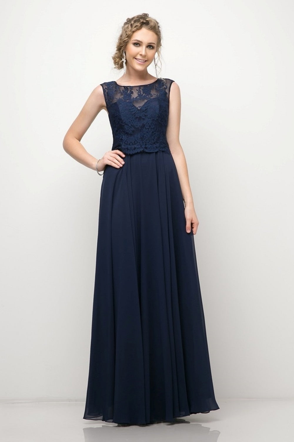 A-Line Chiffon Dress With Lace Bodice And Keyhole Back by Cinderella Divine -CJ245