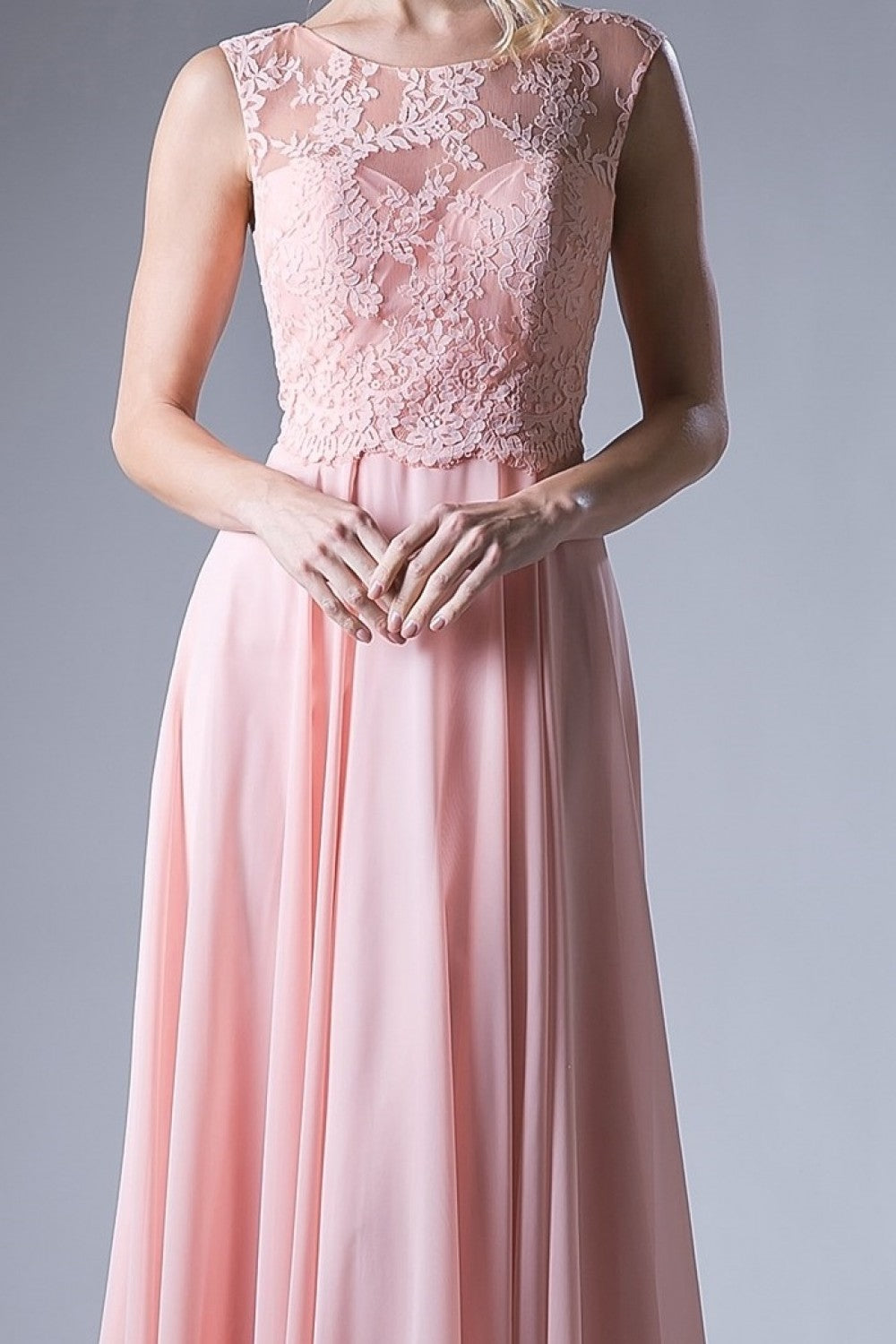 A-Line Chiffon Dress With Lace Bodice And Keyhole Back by Cinderella Divine -CJ245